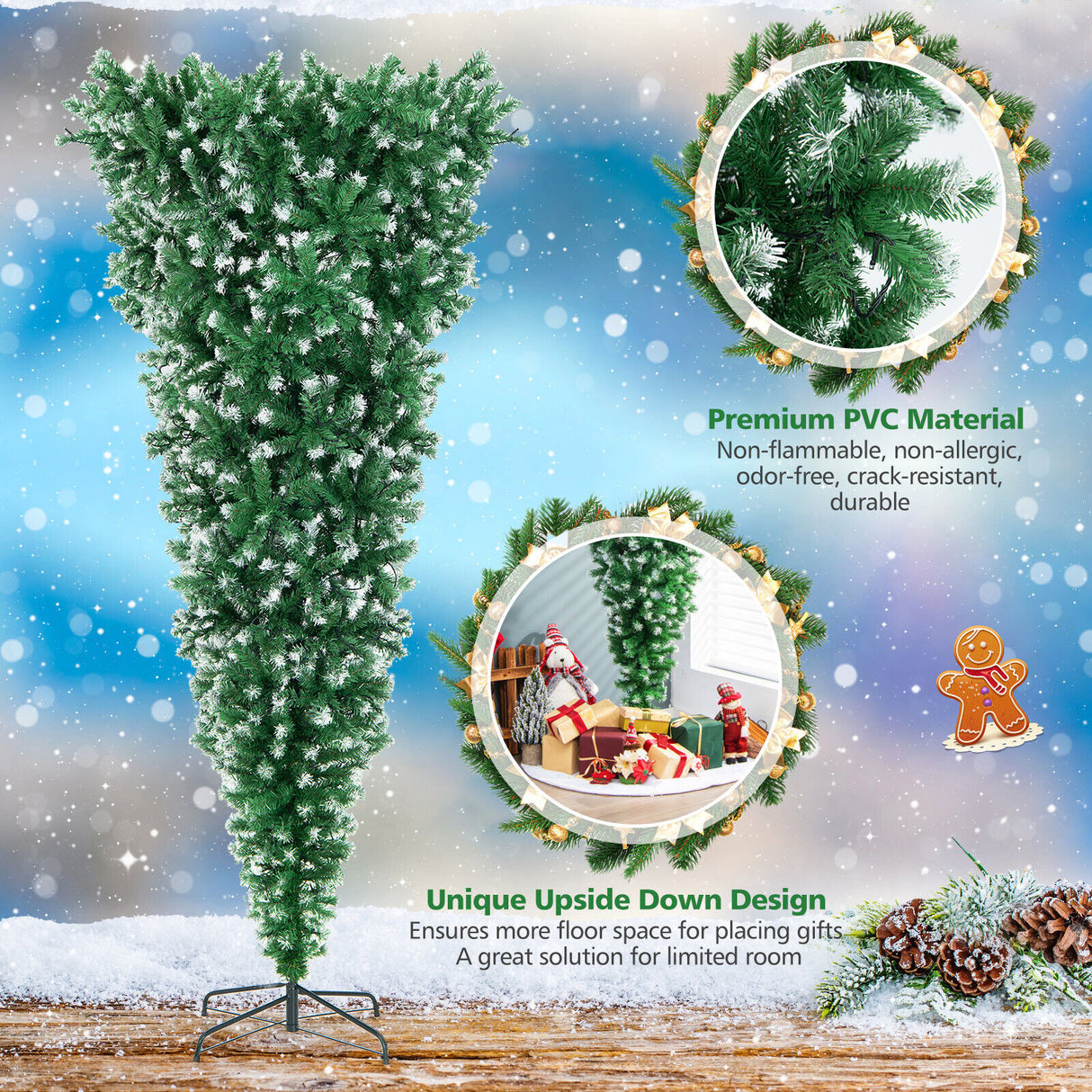 7.5 Feet Pre-Lit Snowy Upside Down Christmas Tree 1100 Tips