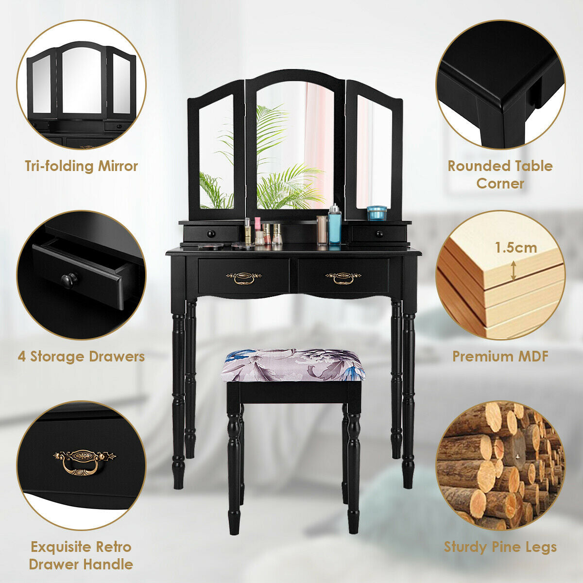 Simple Vanity Set with Tri-Folding Mirror Drawers and Storage Shelf-White