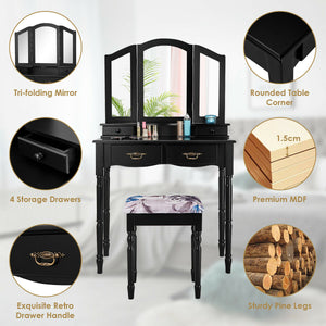 Simple Vanity Set with Tri-Folding Mirror Drawers and Storage Shelf-White