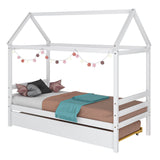 Kids Platform Bed Frame with Roof for Bedroom-Gray