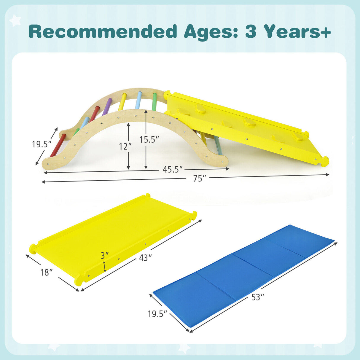3-in-1 Kids Wooden Arch Triangle Rocker Climber Set with Ramp and Mat