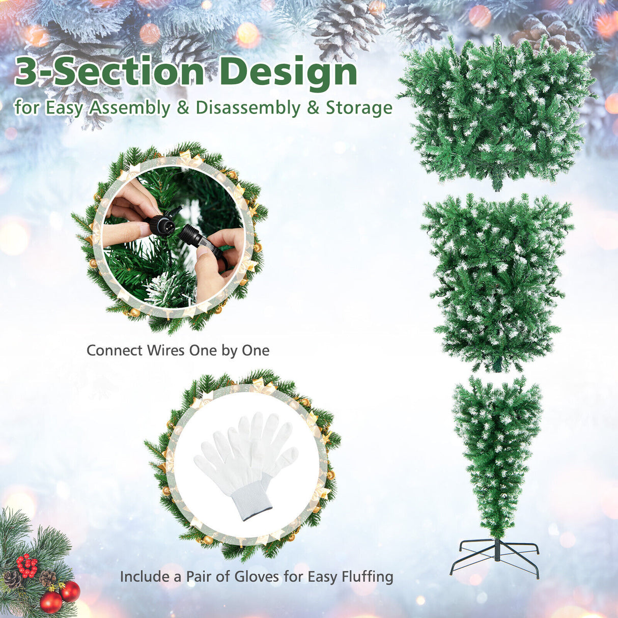 7.5 Feet Pre-Lit Snowy Upside Down Christmas Tree 1100 Tips
