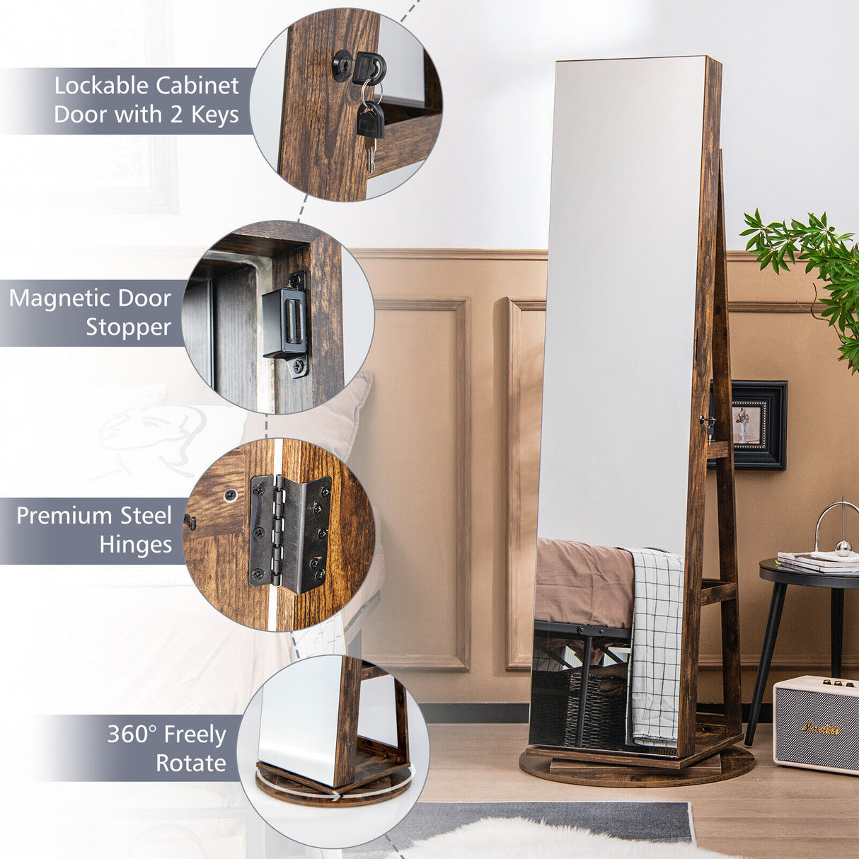 360 ° Rotating Mirrored Jewelry Cabinet Armoire 3 Color LED Modes Lockable-White