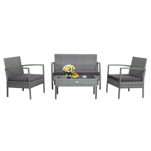 4 Pieces Outdoor Rattan Conversation Set with Comfortable Cushion