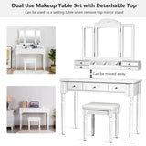 Makeup Dressing Table with Tri-Folding Mirror and Cushioned Stool for Women-Black