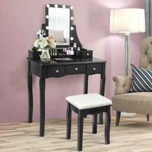 10 Dimmable Light Bulbs Vanity Dressing Table with 2 Dividers and Cushioned Stool-Black by DirectDeals