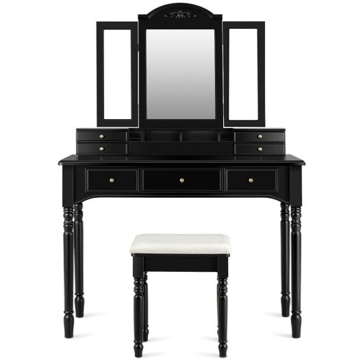 Makeup Dressing Table with Tri-Folding Mirror and Cushioned Stool for Women-Black