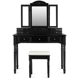 Makeup Dressing Table with Tri-Folding Mirror and Cushioned Stool for Women-Black