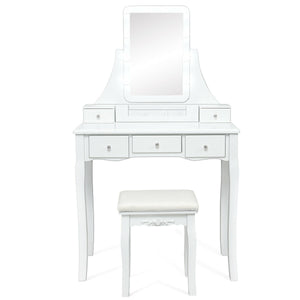 10 Dimmable Light Bulbs Vanity Dressing Table with 2 Dividers and Cushioned Stool-White by DirectDeals
