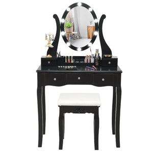 10 Dimmable Lights Vanity Table Set with Lighted Mirror and Cushioned Stool-Black by DirectDeals