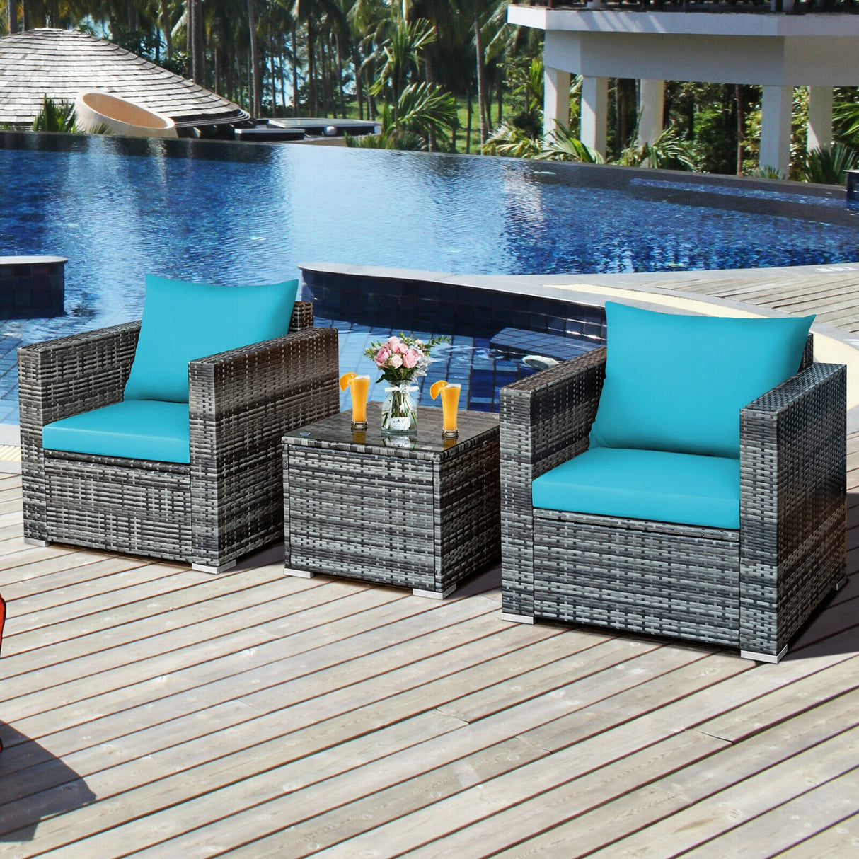 3 Pcs Patio Rattan Furniture Bistro Sofa Set with Cushioned-Gray