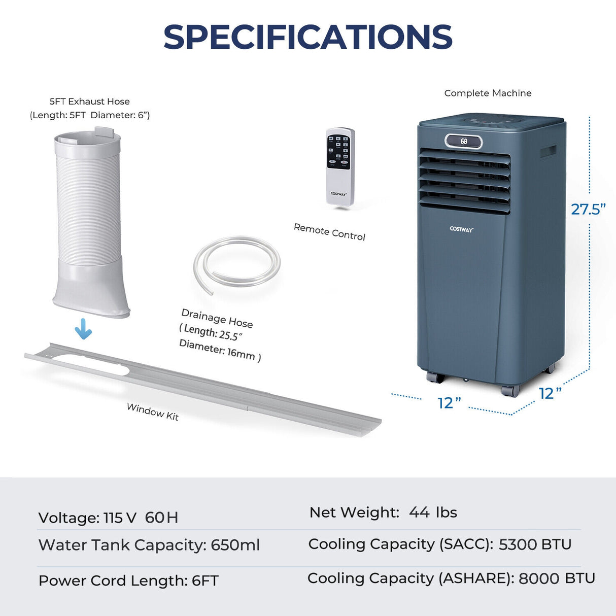 8000BTU 3-in-1 Portable Air Conditioner with Remote Control-White