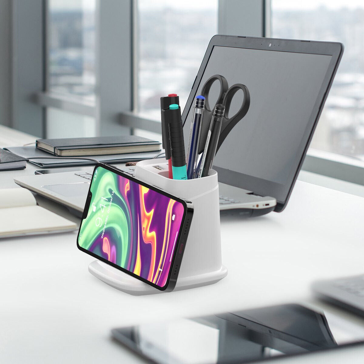 Wireless Charging Stand with Dual USB Charger & Desk Organizer by Infinite Basics
