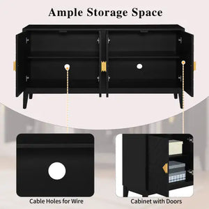 4-door Sideboard Storage Cabinet For Living And Dining Room, Two Large Cabinets With Gold Handle And Adjustable Shelves, Black