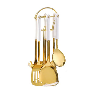 Ceramic Handle Stainless Steel Kitchenware Cooking Utensils 7 Pcs with Hanging Shelf Anti Scalding Cooking Sets Light Luxury Kitchenware Sets (White)