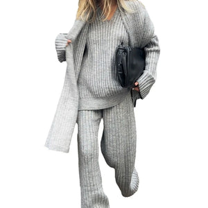 V-Neck Top & Wide Leg Pants Set with Scarf