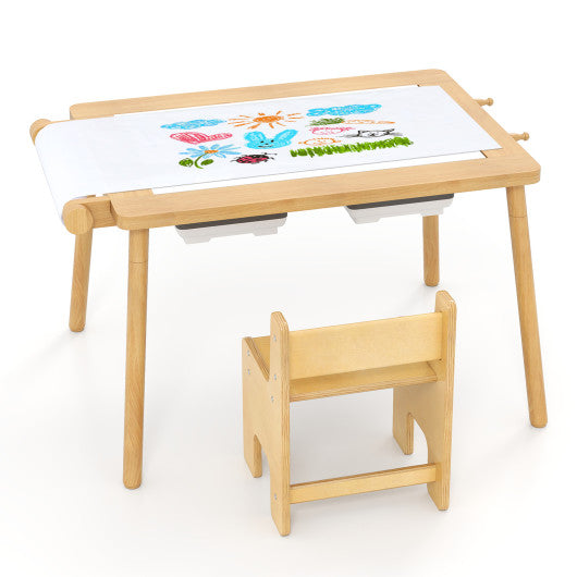 Sensory Table and Chair Set for Kids 2-8 with Foldable Bins-Natural