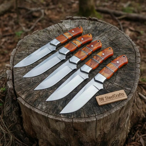 Handmade Artisan Scandi Bushcraft Knife Set 5-Piece with Scandi Grind & Orange Resin Handles
