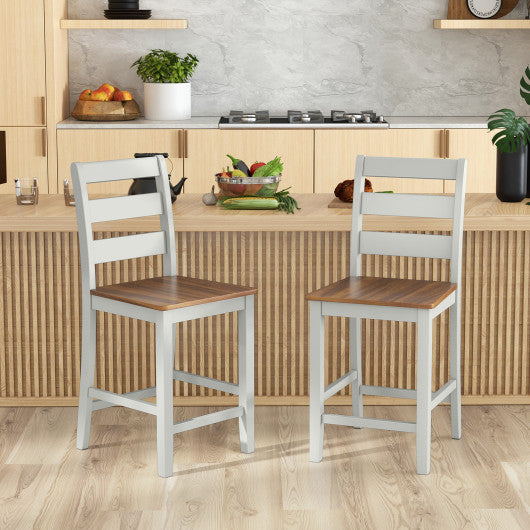 Set of 2 Counter Bar Stool with Inclined Backrest and Footrest-Gray