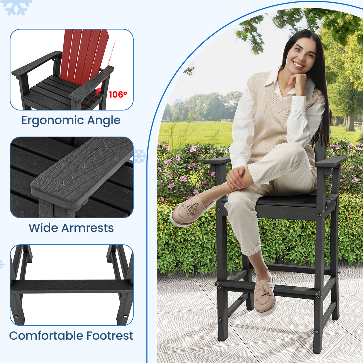 Set of 2 Counter Height Outdoor HDPE Bar Stool with Armrests and Footrest-Black