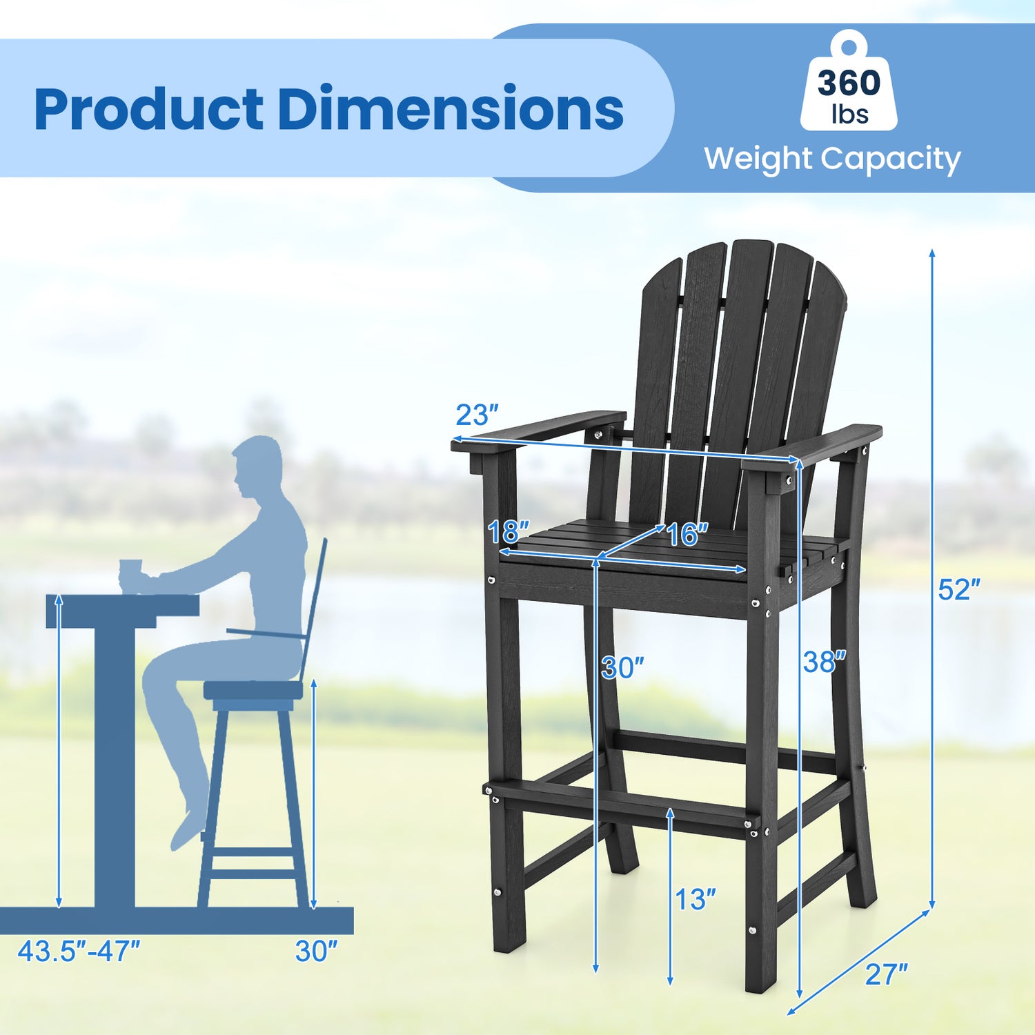 Set of 2 Counter Height Outdoor HDPE Bar Stool with Armrests and Footrest-Black