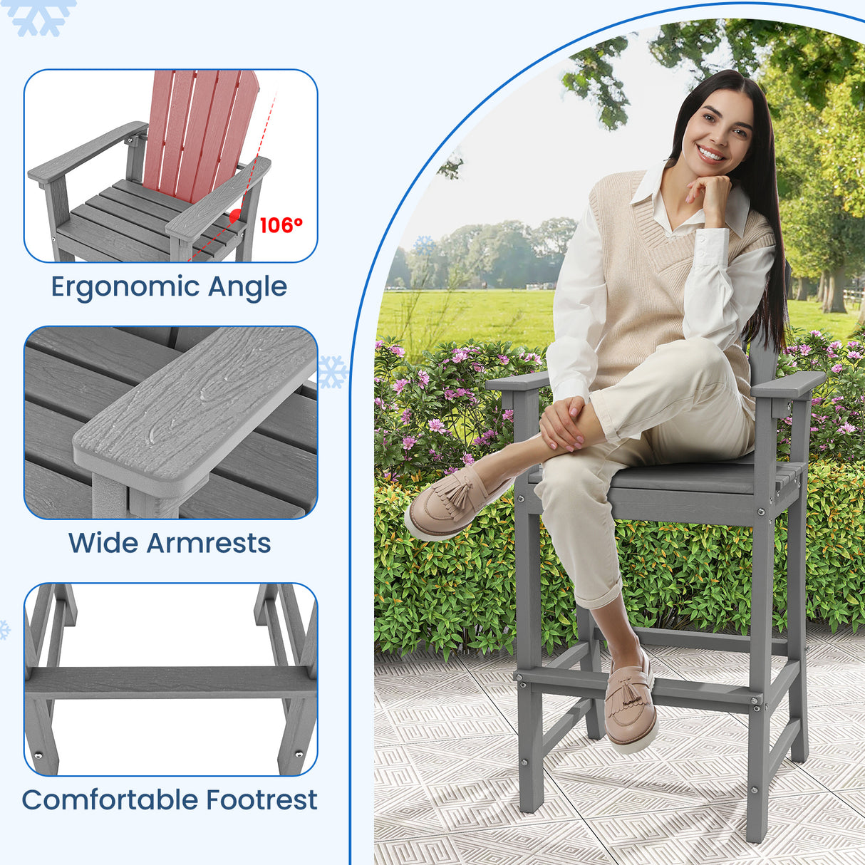 Set of 2 Counter Height Outdoor HDPE Bar Stool with Armrests and Footrest-Gray