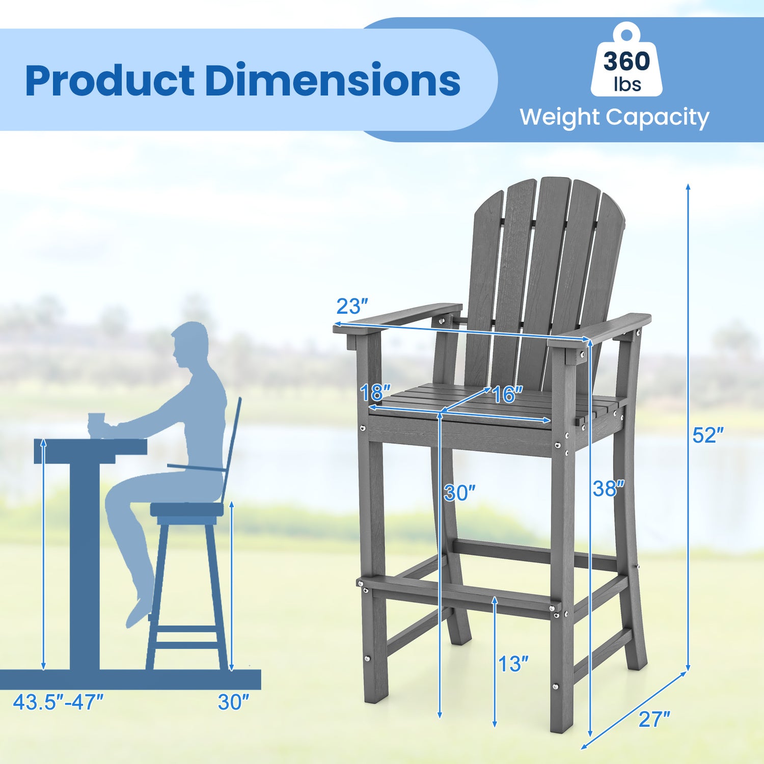 Set of 2 Counter Height Outdoor HDPE Bar Stool with Armrests and Footrest-Gray
