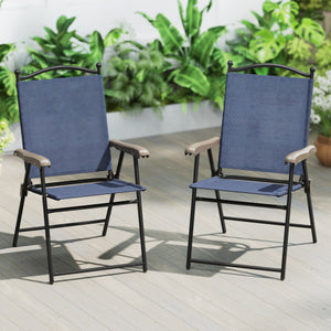 Set of 2 Patio Folding Sling Back Camping Deck Chairs-Navy