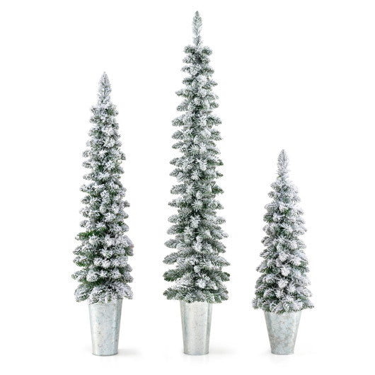 Set of 3 Pre-Lit Snow Flocked Artificial Christmas Trees witrh 423 Branch Tips