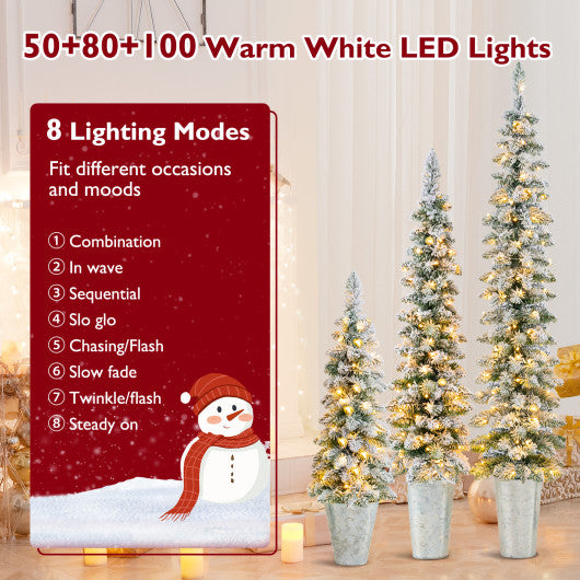 Set of 3 Pre-Lit Snow Flocked Artificial Christmas Trees witrh 423 Branch Tips