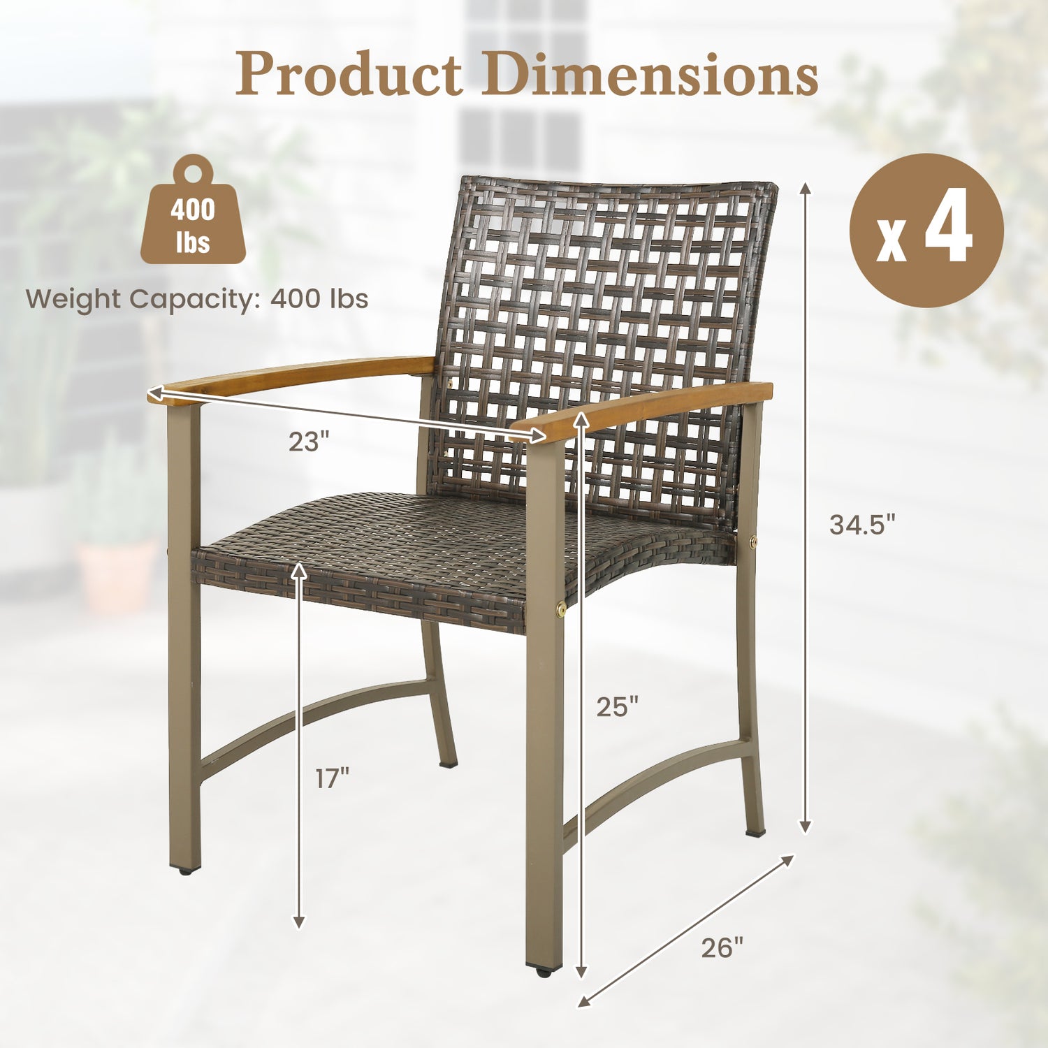 Set of 4 Patio Rattan Dining Chairs with Acacia Wood Armrests-Set of 4