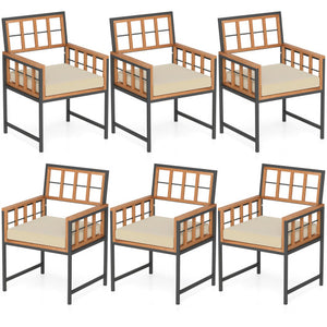 Set of 6 Patio Dining Chairs Acacia Wood Armchairs with Cushions