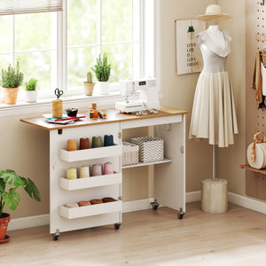 Sewing Machine Table with Charging Station and Lockable Casters-Natural and White