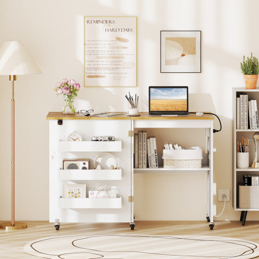 Sewing Machine Table with Charging Station and Lockable Casters-Natural and White