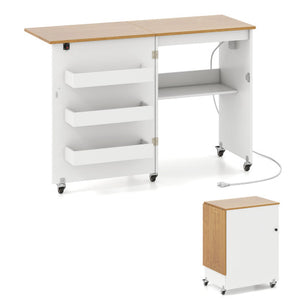 Sewing Machine Table with Charging Station and Lockable Casters-Natural and White