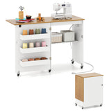 Sewing Machine Table with Charging Station and Lockable Casters-Natural and White