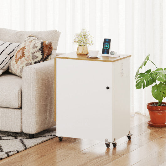 Sewing Machine Table with Charging Station and Lockable Casters-Natural and White
