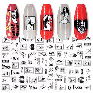 Sexy Lady Pattern 3D Nail Stickers Character Image Decals Slider Valentine Black White Nail Art Decoration Strip Line Nail Decal Self-Adhesive 3D Wave Design Decoration for Women Girls Art Stickers Decal Decoration Metallic Curve Strip Line Nail