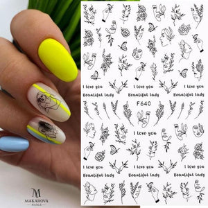 Sexy Lady Shaped 3D Nail Stickers Character Face Image Leaves Flower Decals Slider Black White Nail Art Decoration Manicure Decoration Nail Art Supplies 3D Self-Adhesive Nail Decals Designer Nail Stickers for Acrylic Nails