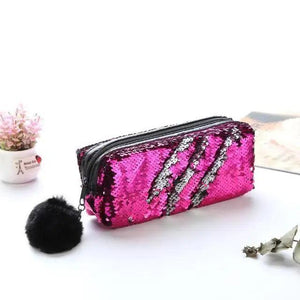 Shiny Reversible Girls Pencil Case Glitter Design Double Color Zipper Make Up Bag Stationery Case For Students