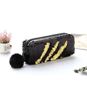 Shiny Reversible Girls Pencil Case Glitter Design Double Color Zipper Make Up Bag Stationery Case For Students
