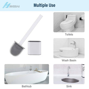 Silicone Bristles Toilet Brush And Holder For Bathroom Storage And Organization Compact Wall Hang Cleaning Kit Accessories Silicone Toilet Brush With Holder Bathroom Toilet Bowl Brush Set Non-Slip Handle Wall Mounted Floor Standing
