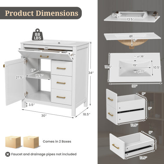 Single Bathroom Vanity with 2 Drawers and 1 Door-White