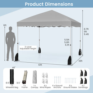 Foldable 10 X 10 Feet Pop up Canopy Tent with Wheeled Bag-Gray