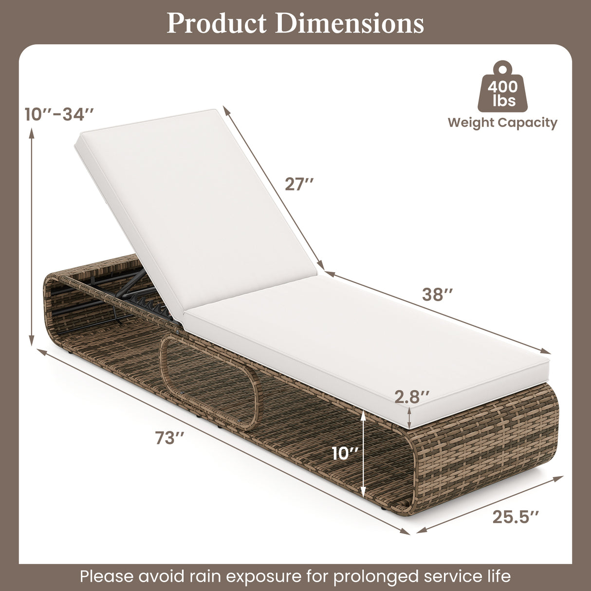 7-Position Adjustable PE Rattan Outdoor Chaise Lounge Chair-White