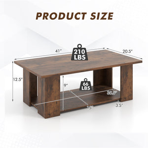 Large 36/41 Inch 2-tier Wooden Modern Coffee Table with Storage Shelf-Coffee