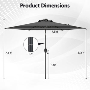 7.5 Feet Solar Powered Patio Umbrella with LED Lights and Crank Handle-Gray