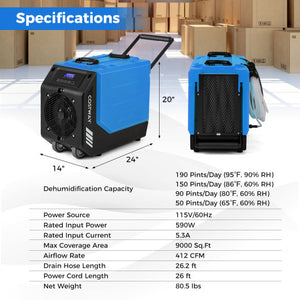 190 PPD Commercial Dehumidifier with Pump and 2 Wheels-Blue