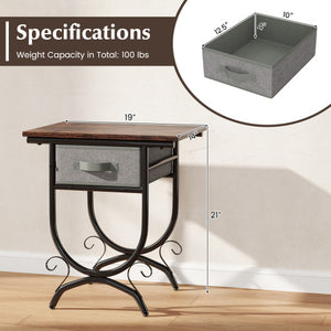 Side Table with Fabric Drawer and Carved Metal Frame for Living Room