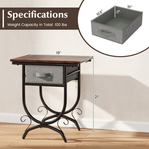 Side Table with Fabric Drawer and Carved Metal Frame for Living Room